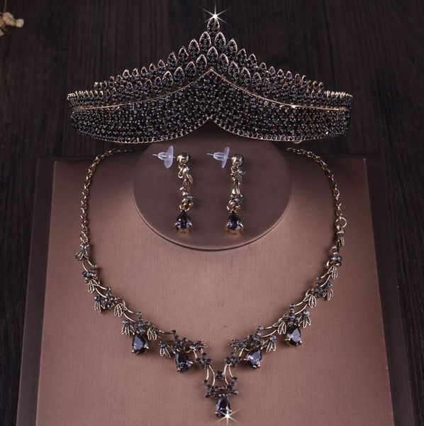 

baroque vintage black crystal heart bridal jewelry sets rhinestone crown tiaras gold necklace earrings wedding dubai jewelry set, Silver