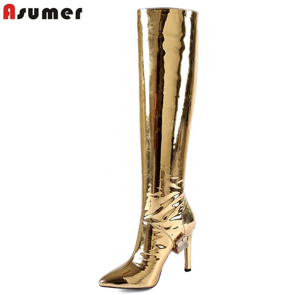 

asumer 2020 new gold fashion women boots pointed toe stilettos high heels autumn winter knee high boots ladies fashion shoes, Black