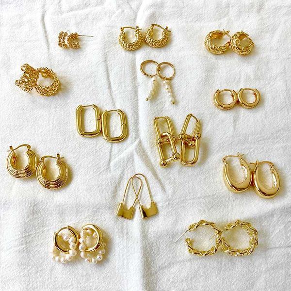 

hoop & huggie 17km punk minimalist chain copper earring for women elegant circle pearl earrings simple round brincos jewelry pendientes, Golden;silver