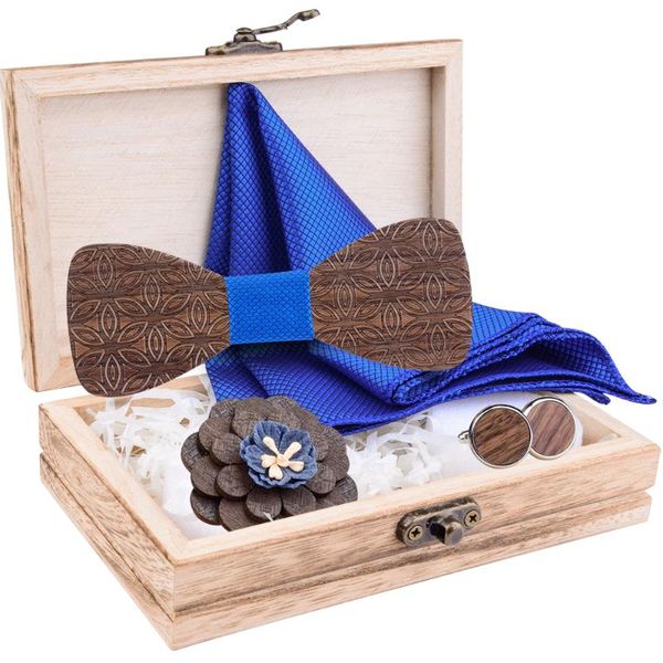 

new floral wooden bow tie for men handkerchief cufflinks brooch sets with box suit mens wedding novelt ties accessories gifts, Blue;purple