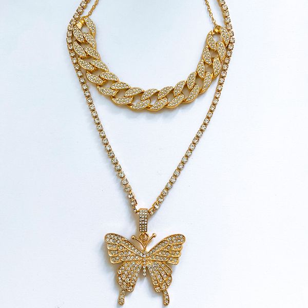 

niuyitid women butterfly necklace set iced out cuban link chain with crystal hiphop jewelry 2020 new, Golden;silver