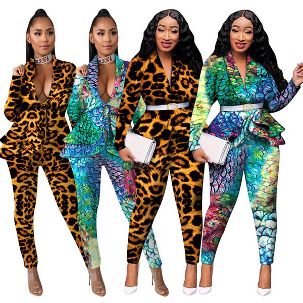 

leopard printed designer ruffle fashion suits lapel neck long sleeve pants 2 piece set autumn ladies clothing, White