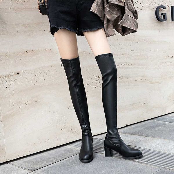 

women high heel over the knee boots winter black long boots crystal zipper decoration thick heel slim thigh high 6 cm