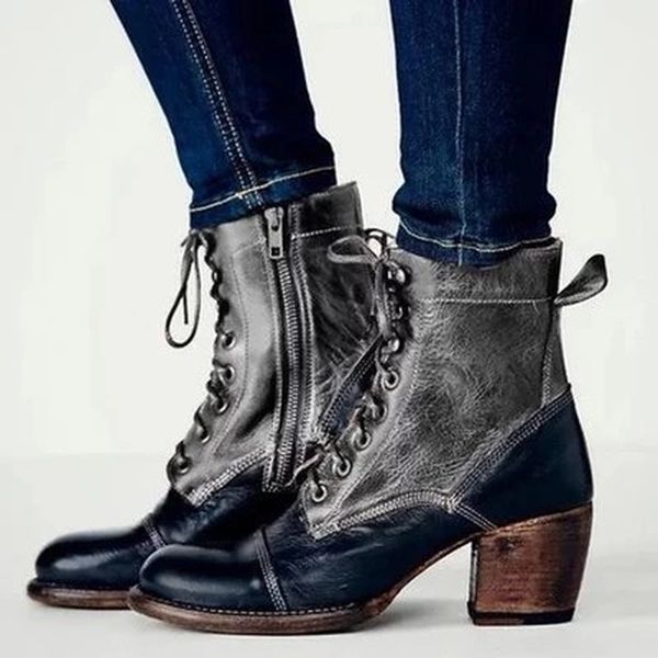 

women ankle boots big size high heels boots warm lace up booties gladiator vintage pu leather shoe ladies botas mujer hp2543, Black