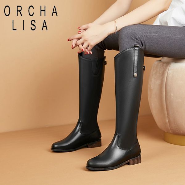 

orcha lisa warm knee boots for women round toe square heel platform genuine leather solid zipper button big size 40-45 black