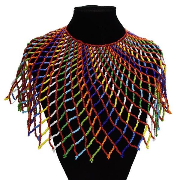 

european and american retro bohemian ethnic style mesh bead necklace for female hand-woven colorful shawl exaggerated jewelry, Golden;silver