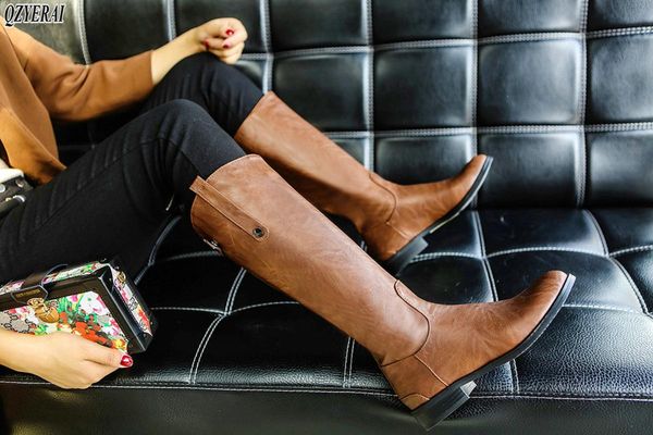 

qzyerai new style women knee-high boots back zipper women's boots european and american retro women's shoes size 34-43, Black