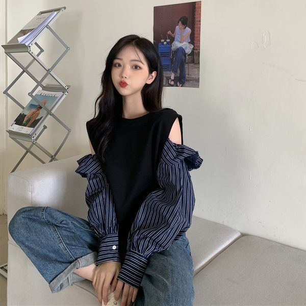 

korean style design sense niche striped stitchingshoulder loose short long sleeve sweatersweater sweater women's wear x426a lcea6 lc, Black