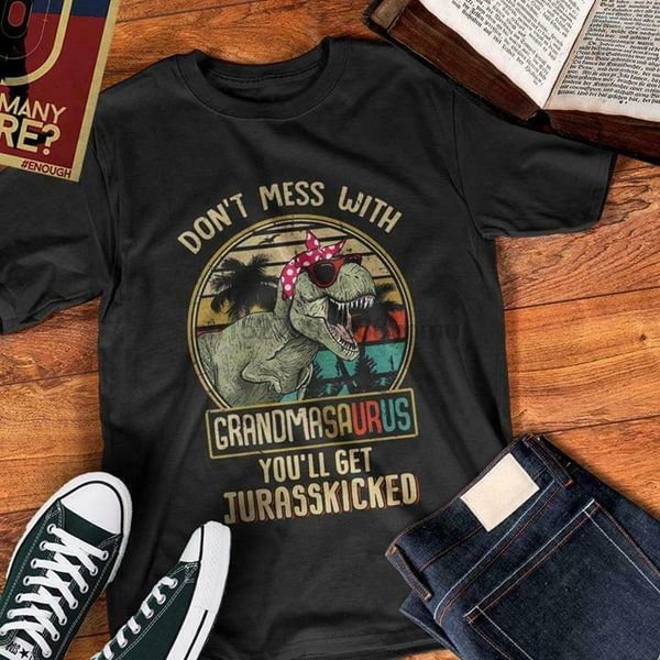 

dinosaur don't mess with grandmasaurus ladies black cotton t shirt s-6xl
