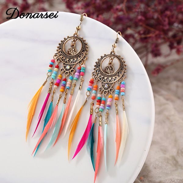 

donarsei 2020 ethnic colorful beads long feather earrings for women vintage rainbow tassel drop dangle earrings boho jewelry, Silver