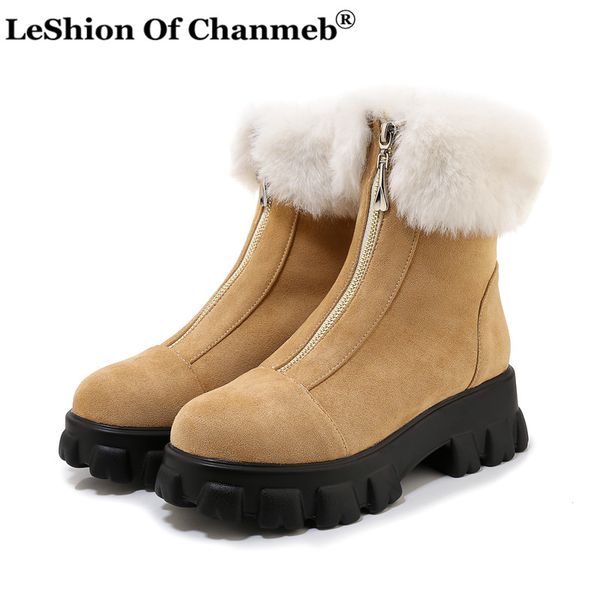 

2020 women's winter flock ankle boot female zipper platform snow boots ladies plush casual flat fur shoes woman footwear size46, Black