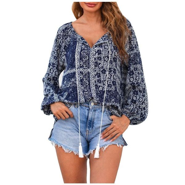 

2020 new style women's fashion loose long sleeve blouse printed lantern sleeve vintage shirt blusas mujer de moda 2020 #3, White