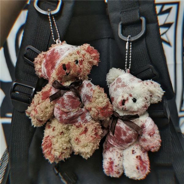 

keychains punk bloody plush bear keychain halloween injured animal doll key ring bags pendant creative fashion cool jewelry, Silver