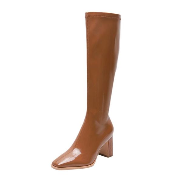 

boots long women shoes patent leather high heel knee-high square toe chunky heels zip lady autumn winter 40, Black