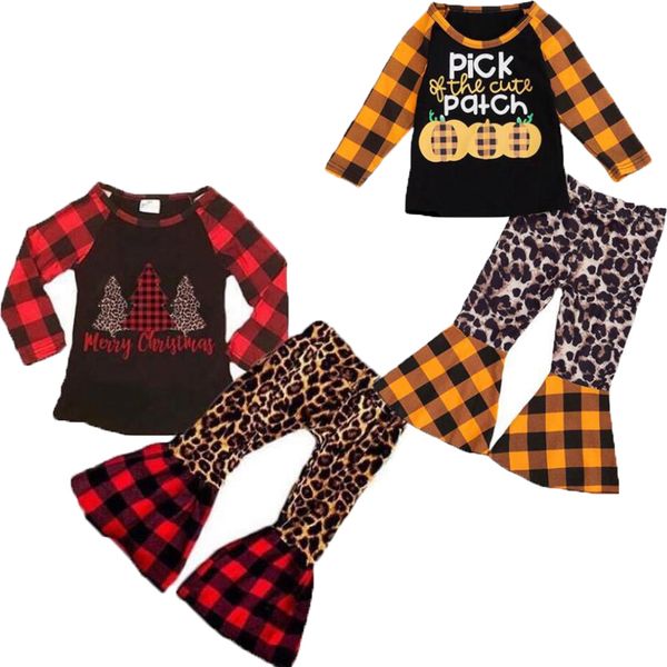 

baby girl clothes sets plaid toddler christmas tree letter printed flared pants 2pcs set long sleeve pumpkin children outfits 5913, White