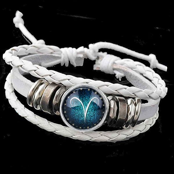 

rivca 12 constellations bracelet 2020 new fashion white leather bracelet men women zodiac punk with night shine bead, Black