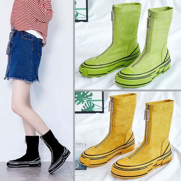 

2020 autumn front zipper boots mid-calf flock leather boots female flat elastic thick bottom korean shoes, Black