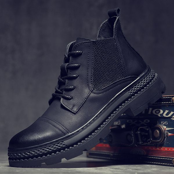 

boots british style men luxury fashion cow leather breathable spring autumn black shoes lace-up outdoor platform ankle boot bota