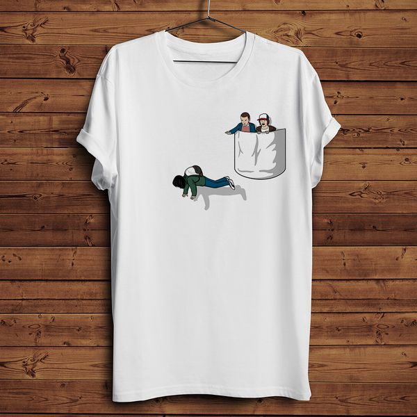 

eleven dustin in pocket funny t shirt men 2019 summer new white casual stranger things 3 cool tshirt homme