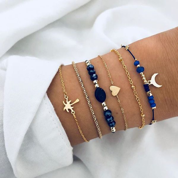 

6 pcs/set palm tree love heart leaf moon charm bracelet bangle set gold link chain hollow flower leaf bracelet bohemian jewelry, Golden;silver