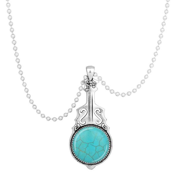 

10 pcs silver plated love heart and guitar green turquoise stone pendant handmade link chain necklace charm jewelry