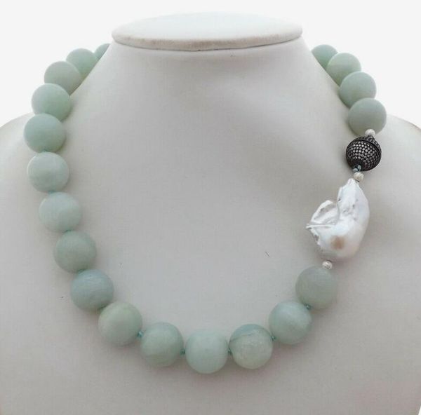 

chains 19" 14mm amazonite white keshi pearl necklace, Silver