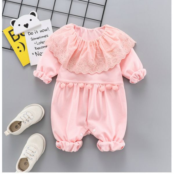 

baby one piece suit baby girl clothes cotton solid pompom ruffles lace collar long sleeve princess baby romper fall winter 0-12m, Blue