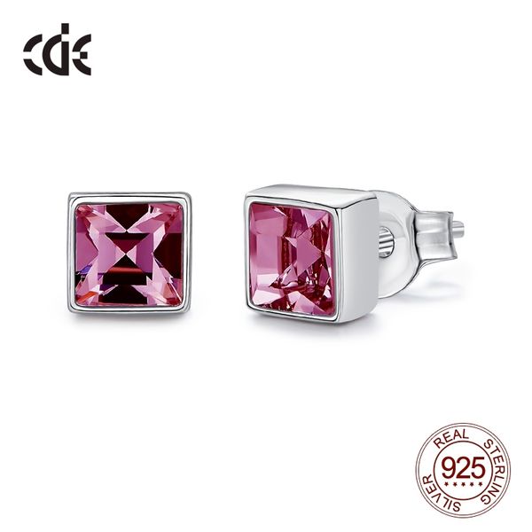 

cde 925 sterling silver earrings sparkling rose color square crystals from stud earrings for women fashion jewelry, Golden;silver