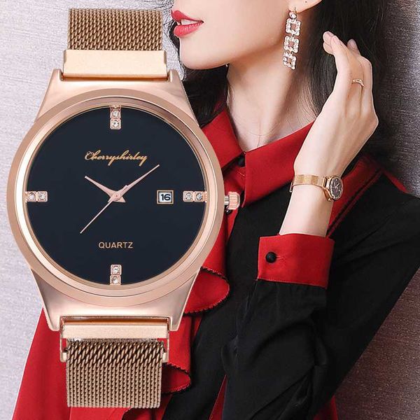 

wristwatches calendar women watch fashion simple rhinestone dial jewelry quartz wristwatch charm female mesh strap clock relogio feminino, Slivery;brown