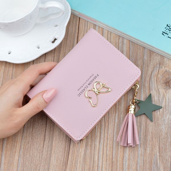 

girls women butterfly tassel short purse student mini small zipper hasp coin wallet cute pu pocket wallets money bag clutch gift, Red;black