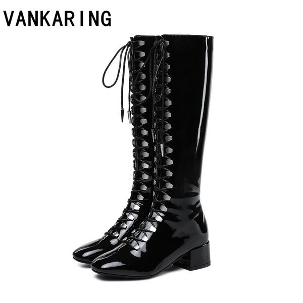 

vankaring new winter boots women brand patent leather knee high boots high heels dress shoes woman black silver motorcycle