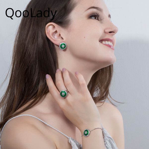 

link, chain qoolady fashion brand green cubic zirconia stones round charm adjustable size bracelets bangles for women ladies gift s014, Black