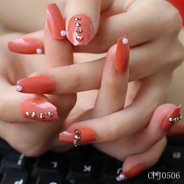 

24pcs / bag ballet nail art tips natural bare orange fake coffin ab rhinestone art manicure tips cjp05, Red;gold