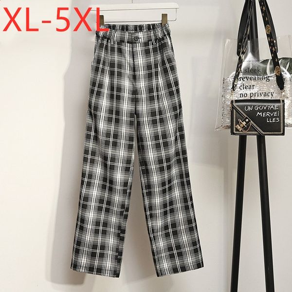 

нью-2020 дамы осень зима плюс размер длинные брюки для женщин большой свободный вскользь широкий ноги черные клетчатые брюки 3xl 4xl 5xl, Black;white