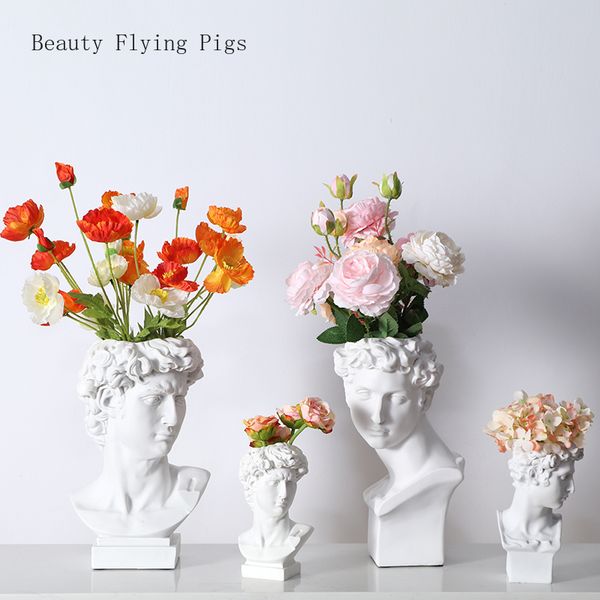 

1pcs large david portrait sculpture flower pot plant flower creative cute small potted ornament decoration art white resin vase