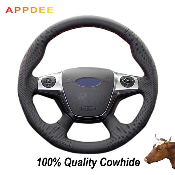 

appdee black genuine leather car steering wheel cover for focus 3 2012-2014 kuga escape 2013-2020 c-max 2011-2014