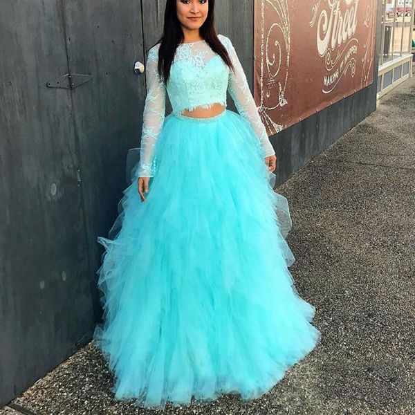 

floor length ruffles tulle prom dresses long sleeves lace two pieces evening gowns o-neck bride vestidos de novia, Black