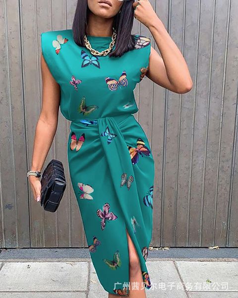 

women buttfly sleeveless dress suit crew neck split high waist pencil skirt famale two piece dress, White