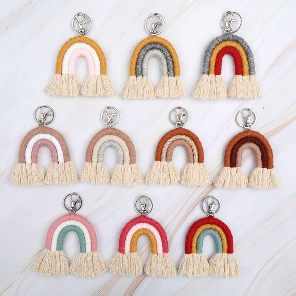 

weaving rainbow keychains for women boho handmade key holder keyring macrame bag charm car hanging jewelry gifts, Silver
