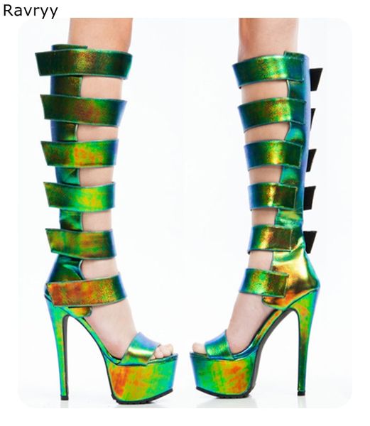 

summer woman green long sandal boots multi hook&loop design platform heel female gladiator booties party club model show sandals, Black