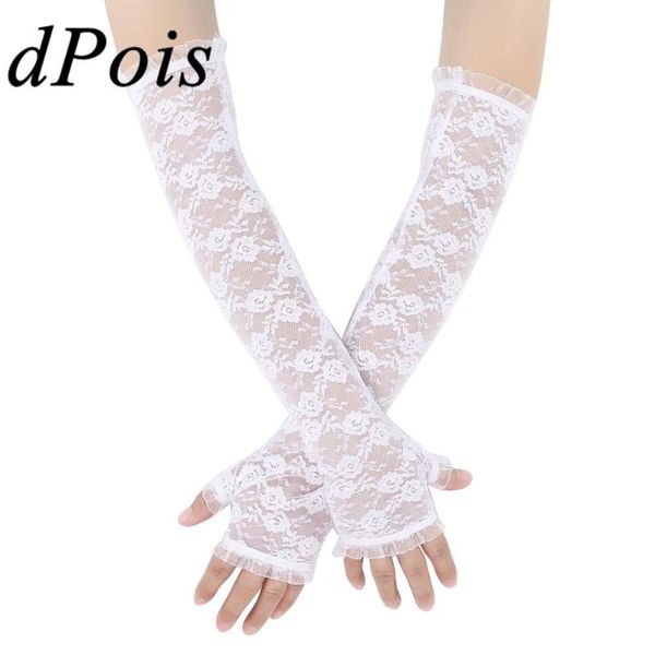 

summer gloves uv protection sun protection womens half finger long gloves lace floral hollow out elbow length fingerless, Blue;gray