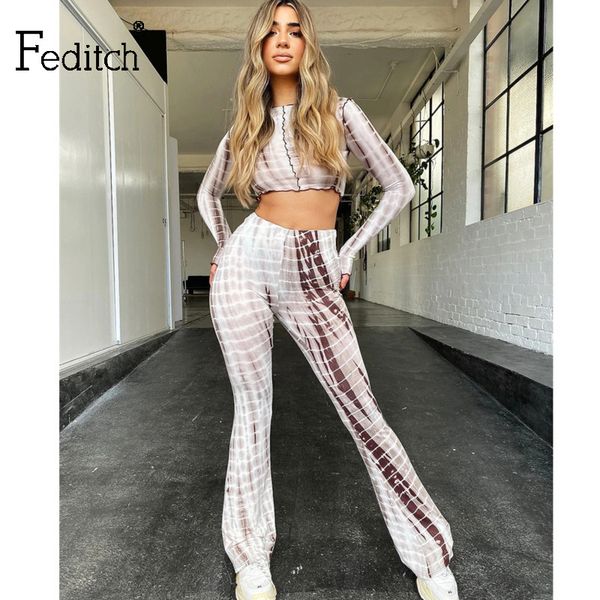 

feditch women club long sleeve two pieces sets autumn winter holiday tie dye printed tracksuits casual wide leg pants, Gray