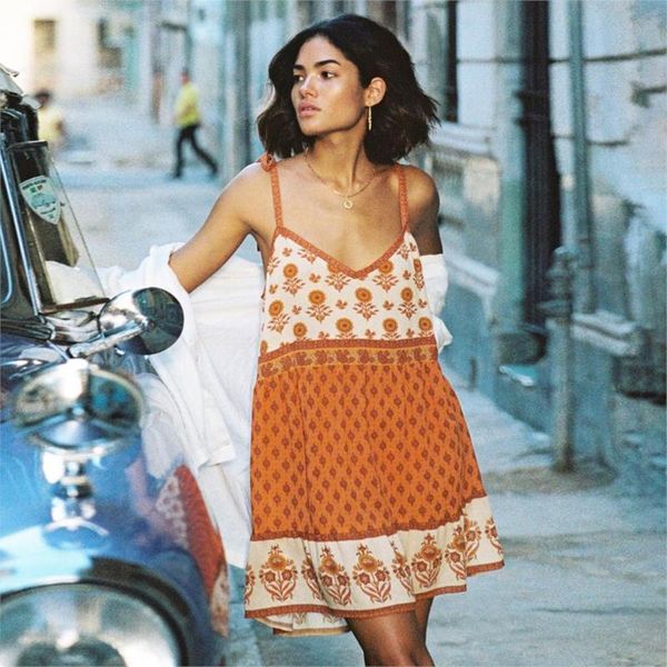 

casual dresses jastie v-neck sleeveless strap mini dress floral print boho summer women clothing 2021 beach female vestido, Black;gray