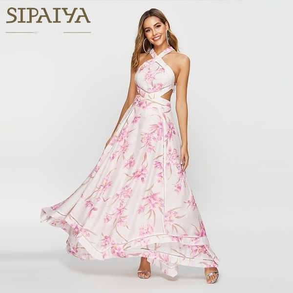 

2019 summer new korean style sleeveless high waist neck dress cross lace-up long printed large skirt long skirt 7lwsp, Black;gray