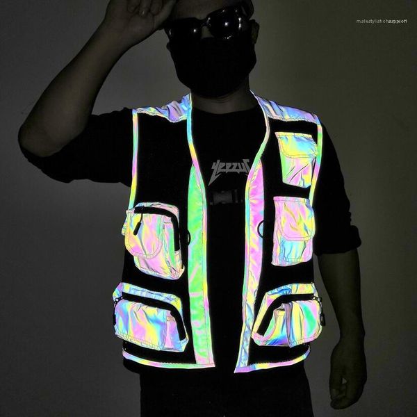 

outerwear 2020 mens designer vests colorful 3d reflective multi pocket fashion cargo coats stand collar male, Black;white