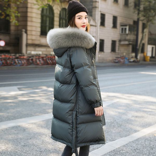 

winter warm 90% white duck down parka women large real natural fur collar hooded long thicken jackets and coats down outwear, Black
