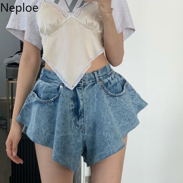 

blue denim shorts women summer high waist wide leg shorts loose casual fashion ruffles hem short pants jeans trousers 2020, White;black