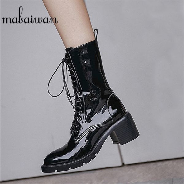 

boots patent leathe high heel platform shoes women autumn winter zipper ankle for motorcycle cross tied botas mujer, Black
