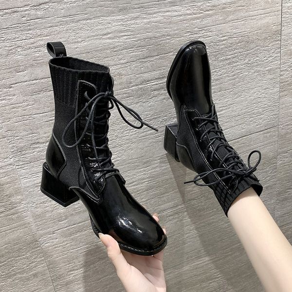 

rock shoes woman lace up boots women new 2020 booties ladies rubber med ankle summer hoof heels pu cross-tied solid lace-up, Black