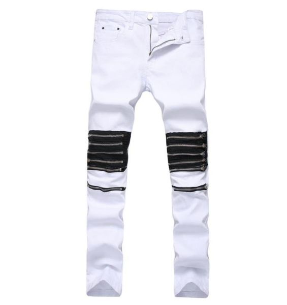

men's jeans white red men punk hip hop with multi zippers mens high stretch skinny slim fit denim pants biker trousers size28-42, Blue